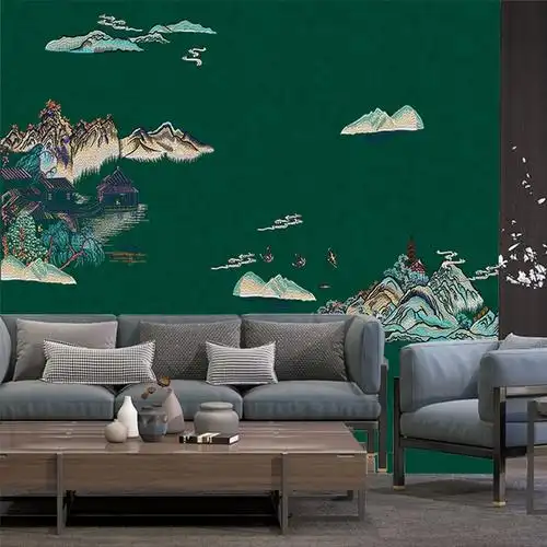 独绣艾意客厅墙纸背景墙壁布电视墙独秀无缝刺绣现代中式壁画新款