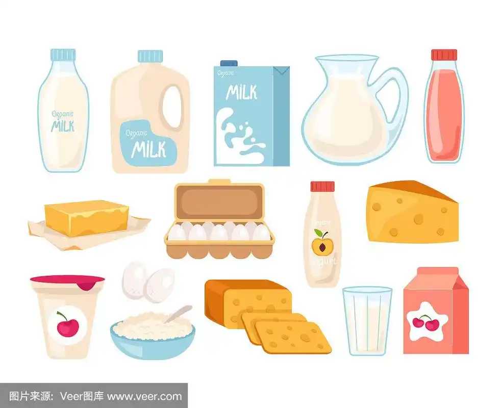 奶制品奶制品隔离图标设置.矢量平面卡通图形设计插图