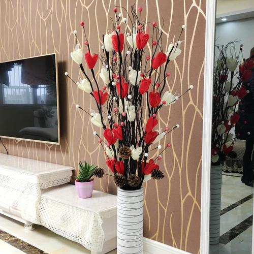 花客厅落地插花家居室内装饰摆设件干花花束仿真花艺套装 白加红含瓶