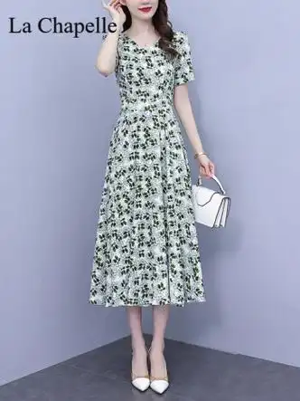 拉夏贝尔品牌女装连衣裙女2024夏季新款时尚大i码收腰显瘦遮肚碎花