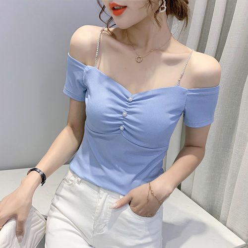 一字露肩小衫吊带性感洋气上衣锁骨设计夏装t恤