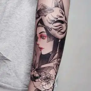 纹身贴男女防水持久仿真刺青花臂艺伎浮世绘手臂暗黑系彩色ins风