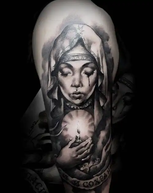 圣母纹身图片_手臂欧美写实奇卡诺感觉圣母手稿自带图纹身图案