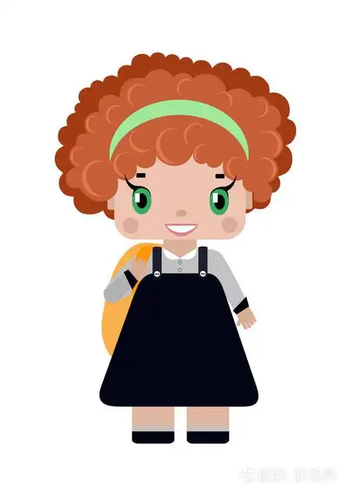 穿着校服的红色卷发的小女孩,书包微笑(一年级).卡通风格