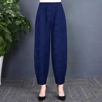 中老年人女士灯笼裤休闲民族风外穿裤子妈妈阔腿宽松束脚裤深蓝色815