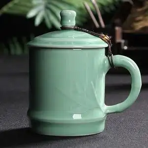 青瓷茶杯带盖陶瓷水杯男女足浴店会议办公酒店家用泡茶杯礼品订制