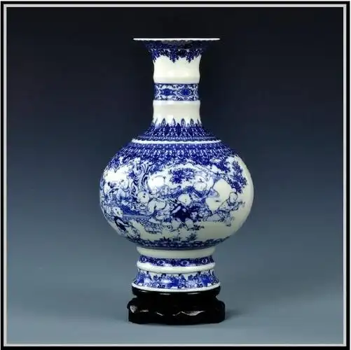 景德镇青花仿古陶瓷器小花瓶花插花器中式家居客厅装饰品餐桌摆件