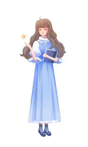 唯美卡通人物全身立绘 蓝色长裙的文艺少女