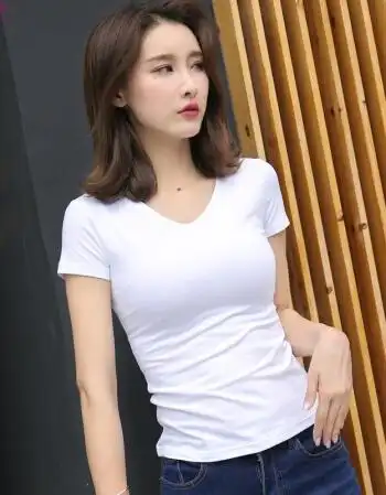 新款白色短袖t恤女纯色灰色修身半袖体恤百搭圆领夏季韩版紧身上衣v领