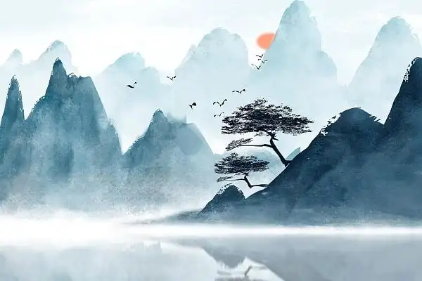 手绘意境山水画唯美插图背景素材02古风中国风唯美山水风景动物