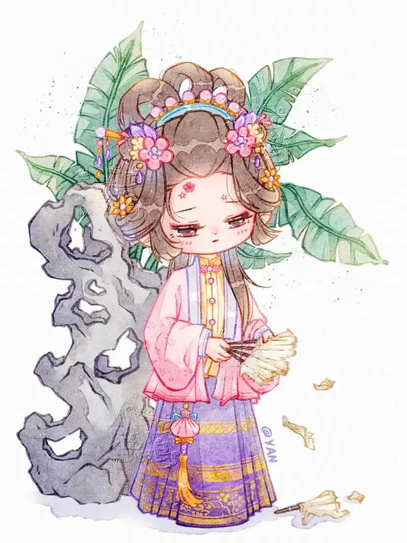 古风水彩q版人物团练 案例三解锁～ 红袖明朝 (附人物起型教 - 抖音