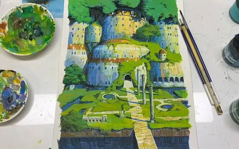 活动  手绘天空之城拉普达 连续爆肝15 小时不透明水彩绘画过程