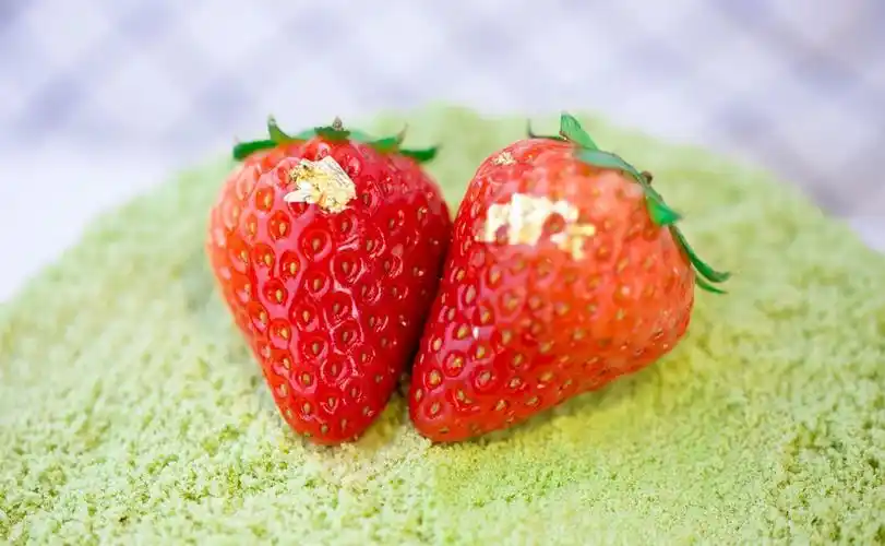 最上一层是抹茶曲奇粉,还有草莓点缀;中间那层是树莓冻夹心;最下一层