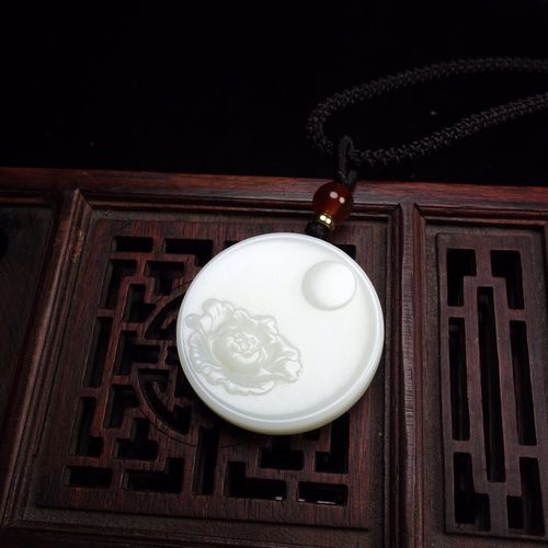 新疆保真和田玉花好月圆玉牌吊坠白玉圆形挂件牌子中秋礼品带证书