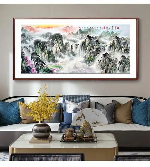 中堂画农村中堂挂画富春山居图国画山水画客厅装饰画新中式办公室挂画