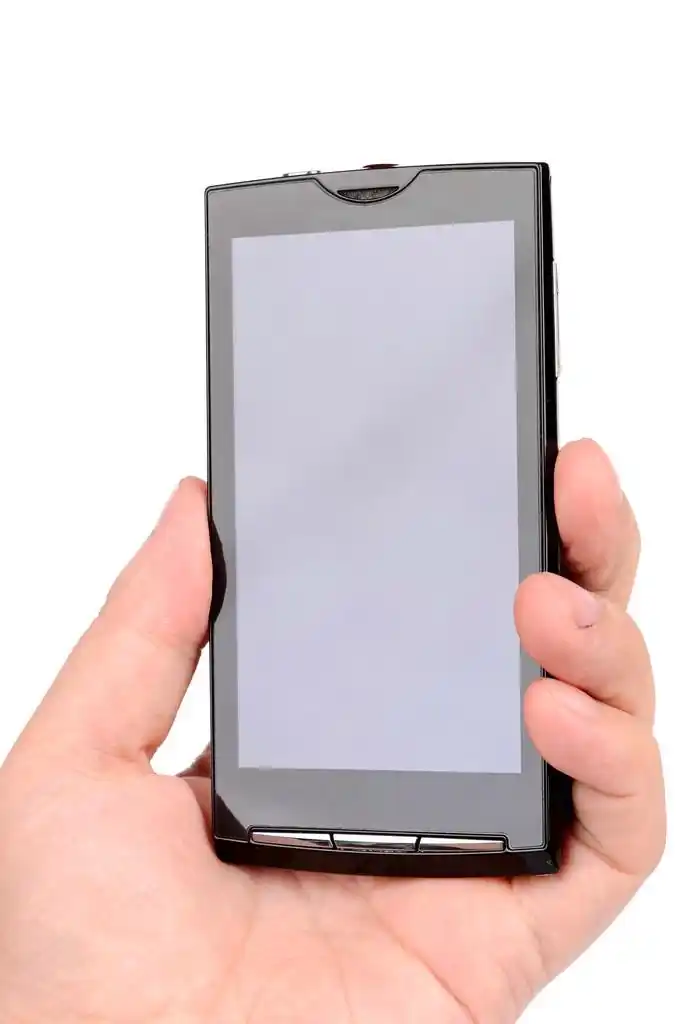 智能手机和白色背景上的手指