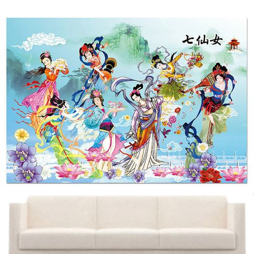 古代八仙女装饰画敦煌飞天壁画仙女散花电视背景墙贴画自粘定制