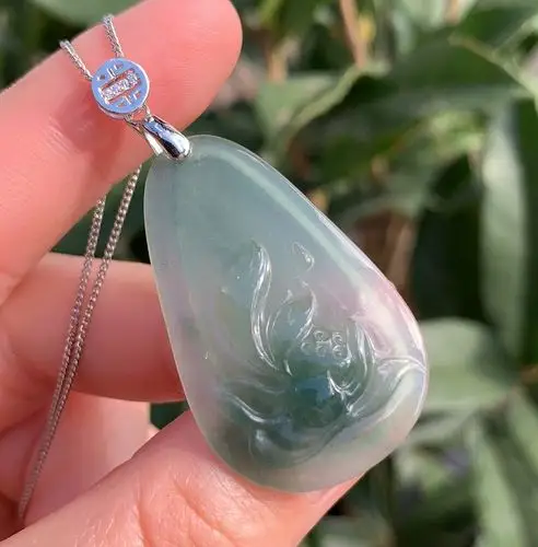 k&k宝钰天然缅甸翡翠糯冰种油绿莲花银锁骨吊坠证书人气新