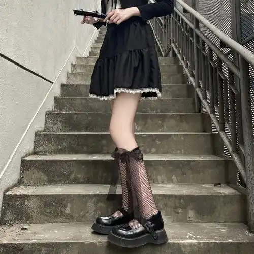 jk小腿渔网袜女洛丽塔蕾丝花边系带蝴蝶结镂空半截 白-花边渔网【图片