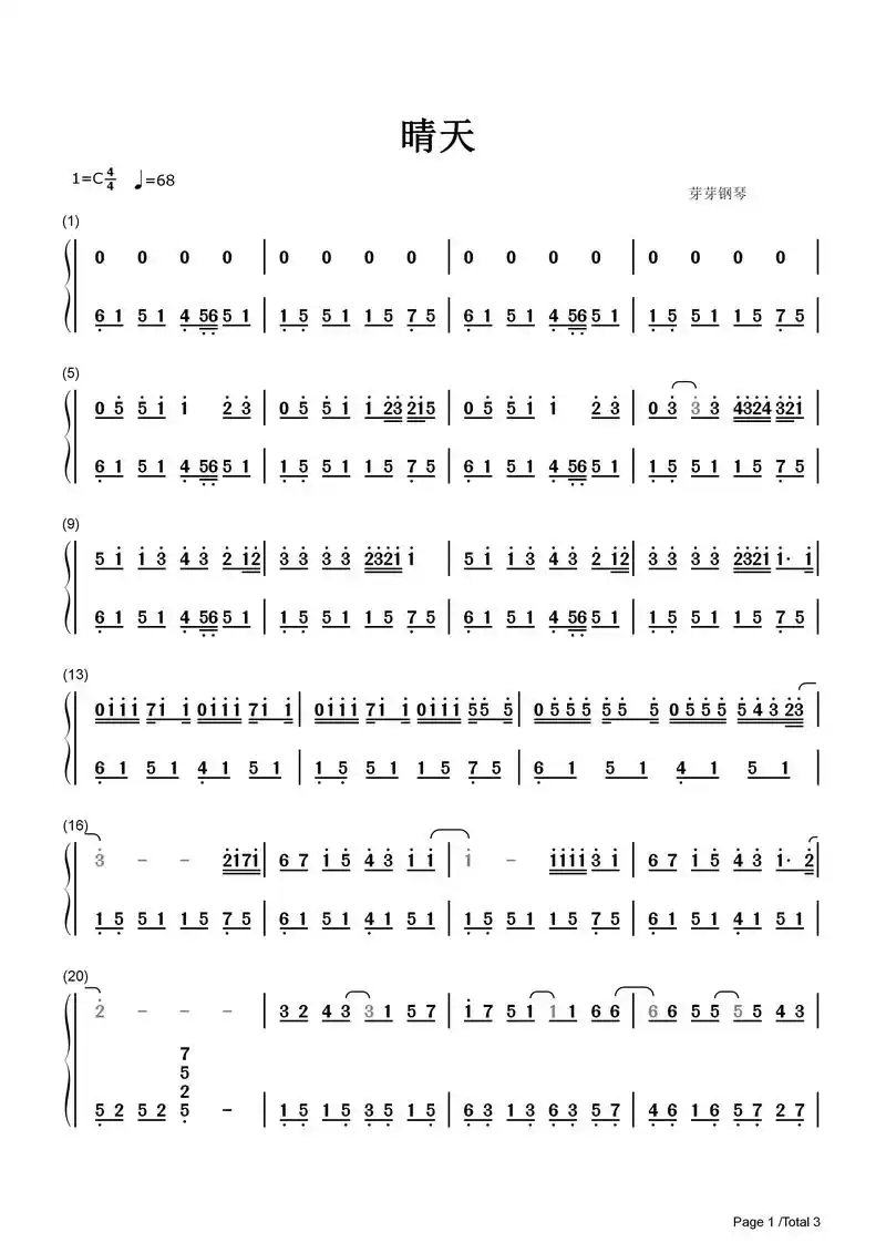 晴天钢琴简谱.晴天-周杰伦"刮风这天 我试过握着你手 但偏偏 - 抖音