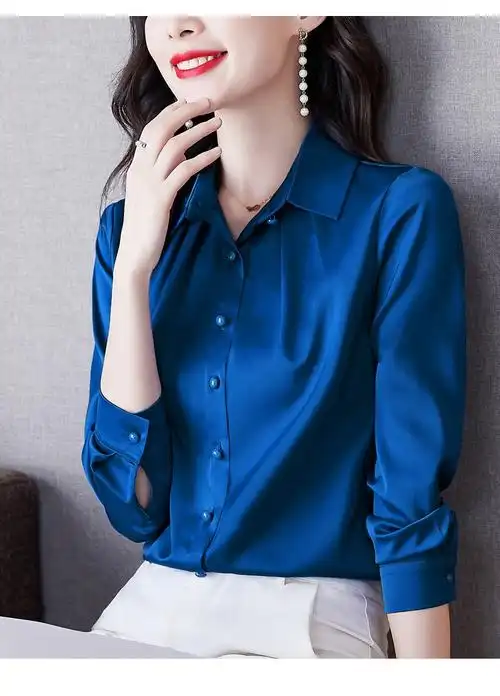 phj职业长袖衬衫女2022春季新款缎面气质免烫白色衬衣显瘦通勤上衣gz