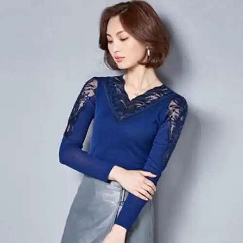 2017新款秋冬季蕾丝打底衫女长袖网纱镂空v领上衣性感修身t恤小衫