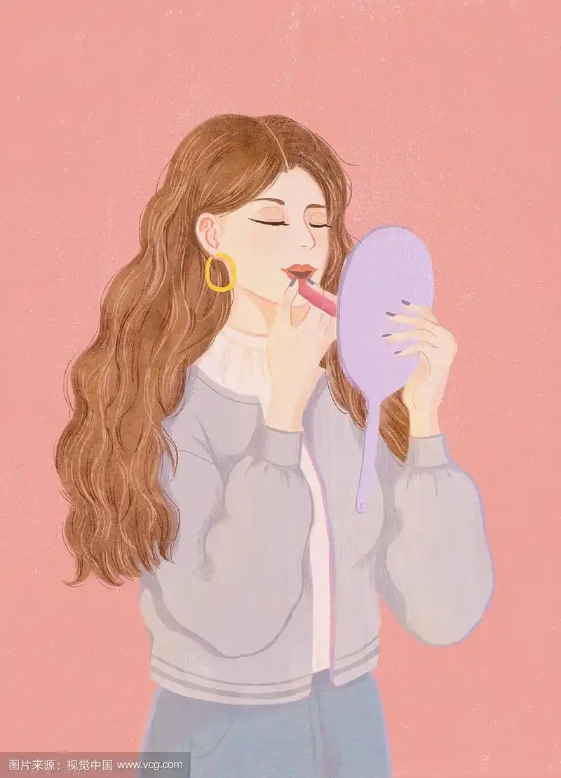 对着镜子涂口红的女人插画