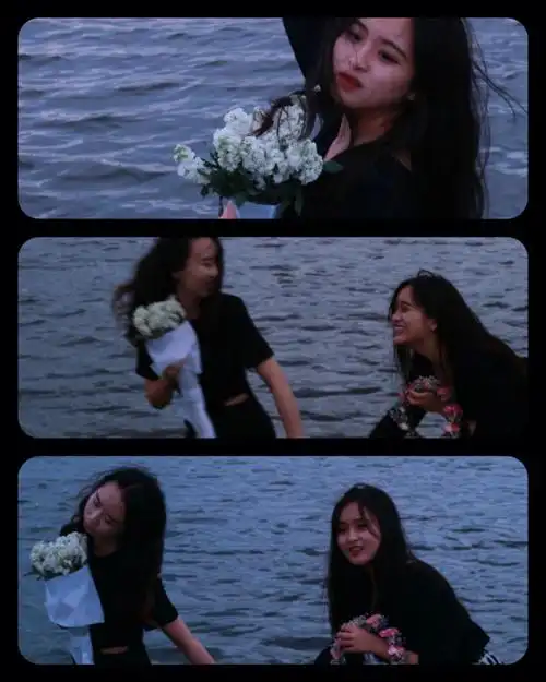 (太阳落的比较多,天快暗的时候适合拍剪影)可以做一些比较大的动作,笑