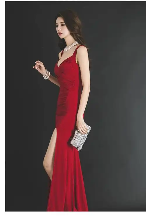 夏秋韩版新款修身性感高开叉长裙吊带v领高腰连衣裙礼服