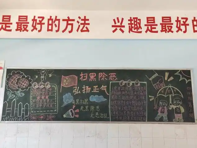 小组成员一起完成的扫黑除恶主题的黑板报