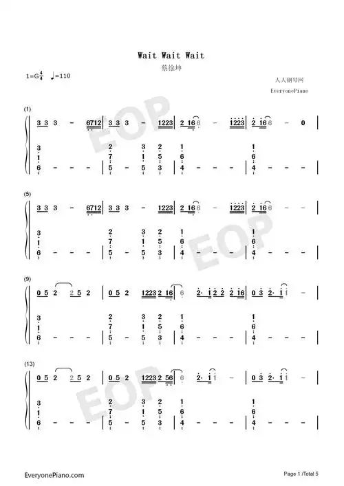 wait wait wait-蔡徐坤双手简谱预览1