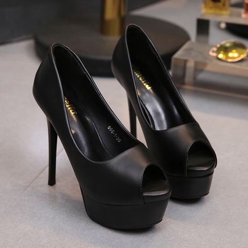 夜场超高跟12cm细跟鱼嘴单鞋百塔浅口宴会防水台高跟鞋女鞋子 黑色 34