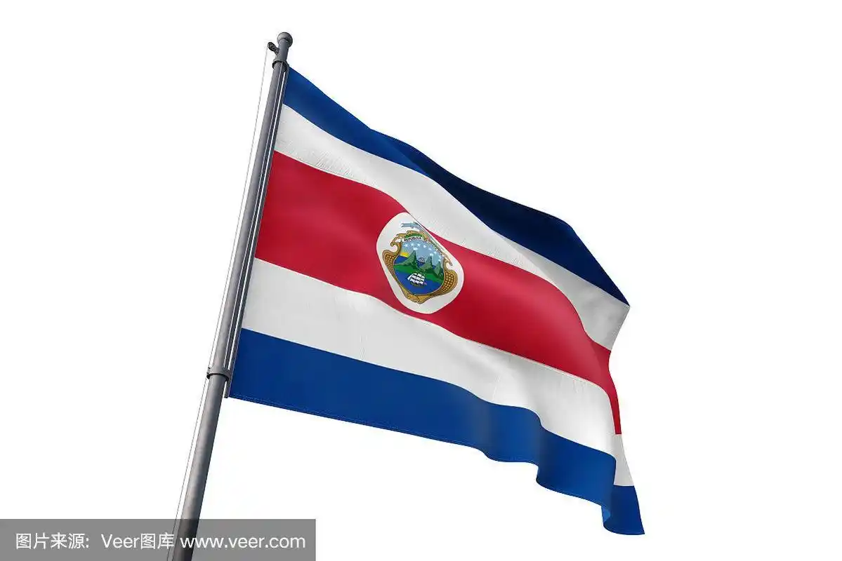 哥斯达黎加国旗飘扬孤立的白色背景