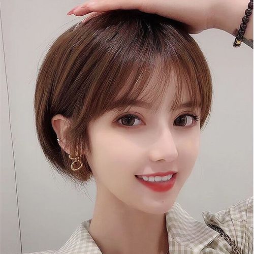假发女挂耳短发波波头真人发丝自然韩式发型全头套圆脸造型假发套