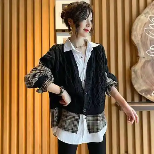 欧洲站2021春秋新款欧货女装衬衫拼接羊毛针织衫女假两件韩版毛衣黑色