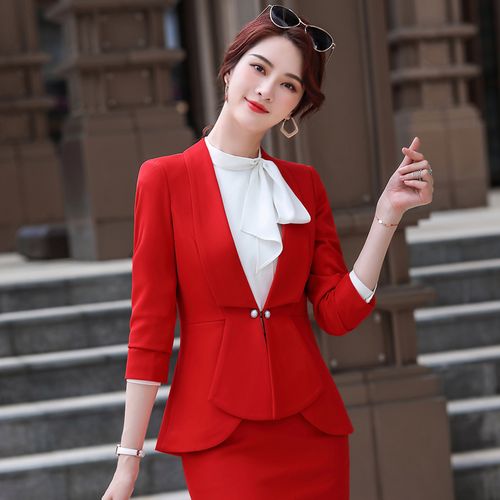 晚会主持人礼服女高端艺考播音上镜正装女西装秋冬红色西服套装潮