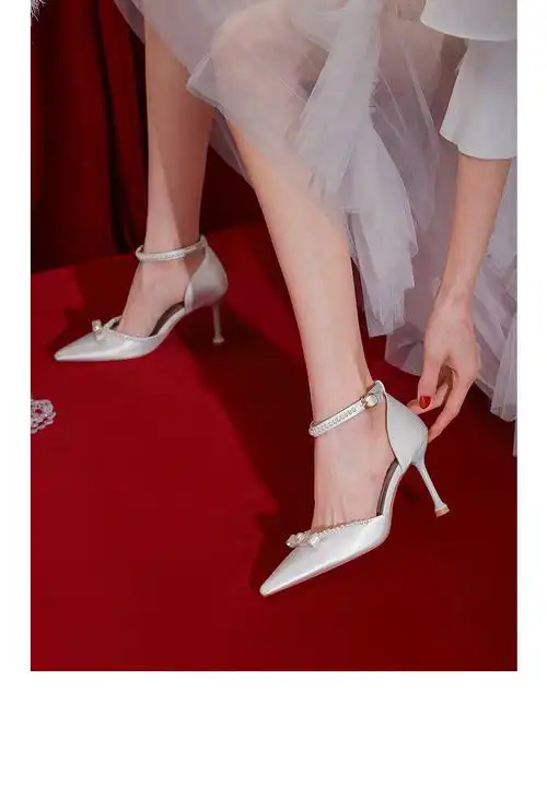 bull2022年新款缎面新娘鞋一字扣高跟鞋女细跟蝴蝶结单鞋 酒红色4