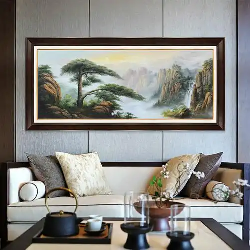 牧庭旗舰店的优惠券大全—牧庭迎客松山水画手绘油画办公室风水靠山挂