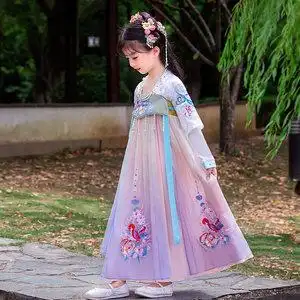 女大童仙气公主裙子12岁女孩春款长袖中国风古装儿童汉服女童夏款短袖