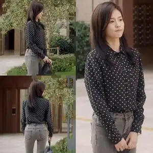 一生一世白鹿时宜同款衣服女黑色星星波点印花衬衫上衣牛仔裤秋季