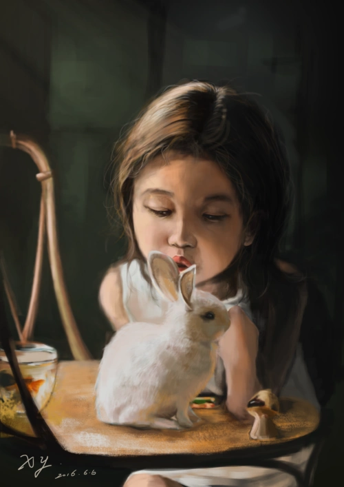 插画女孩与兔子