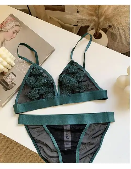 ideamini性感浪漫刺绣蕾丝文胸内衣女套装超薄款无海绵无钢圈胸罩大胸