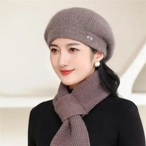 中老年人贝雷帽子秋冬天兔毛加绒保暖帽女士妈妈奶奶针织毛线帽