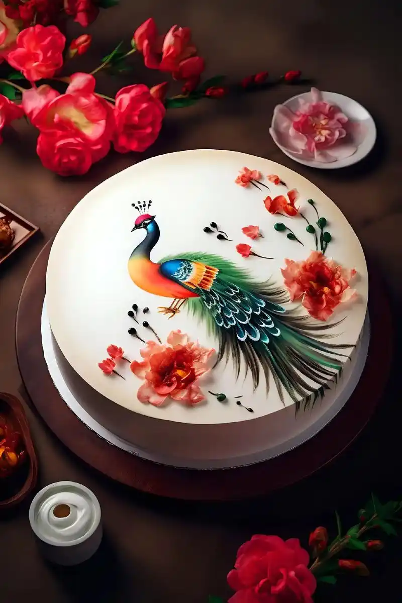 又一款孔雀国风蛋糕上线啦,孔雀张翅驾青天,翠袖席卷西风间.美 - 抖音