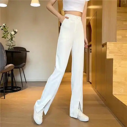 实拍实价 新款高腰垂感西装直筒宽松开叉裤阔腿裤女