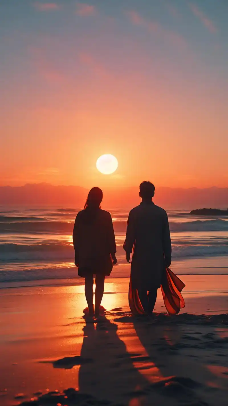 🌅海边日落下的情侣背影壁纸💑 想象一下,在金色的日落余晖中,一