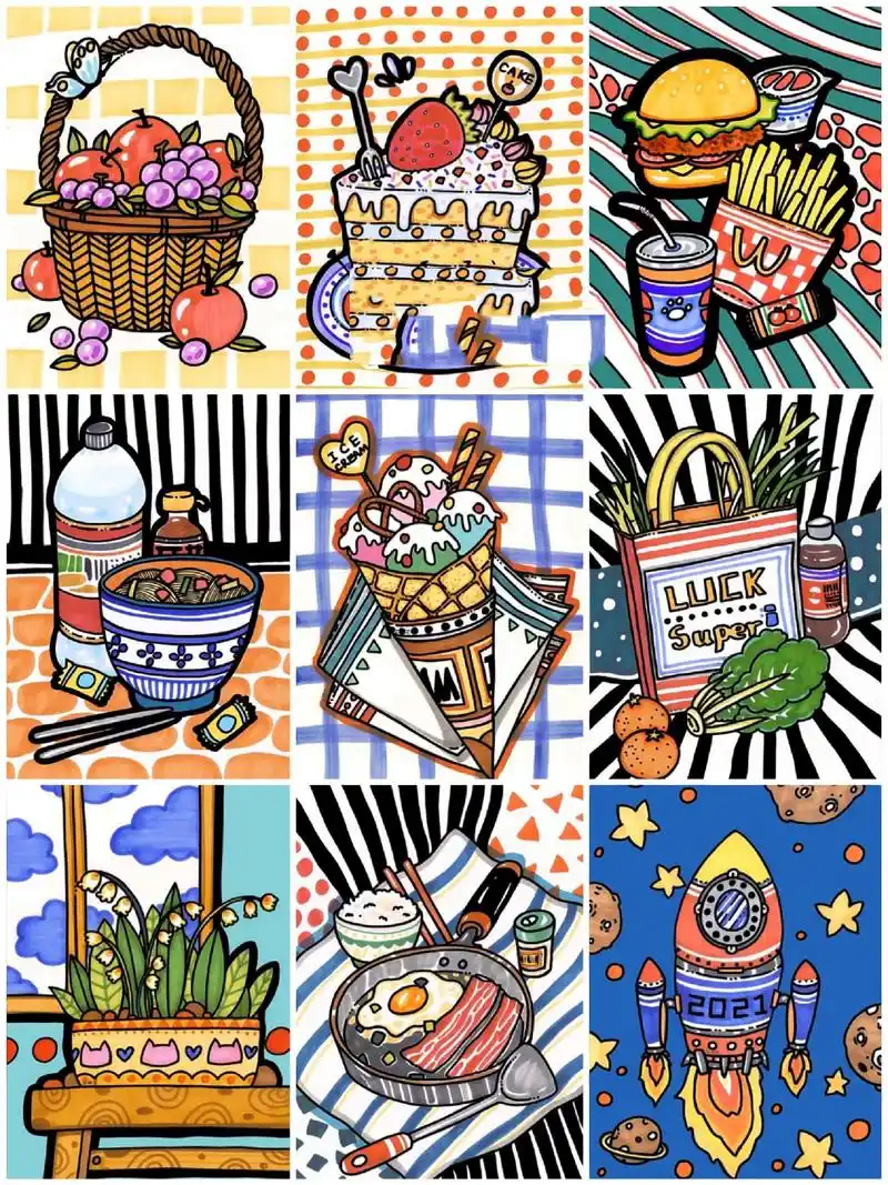 彩色创意线描画儿童画 食物色彩静物写生