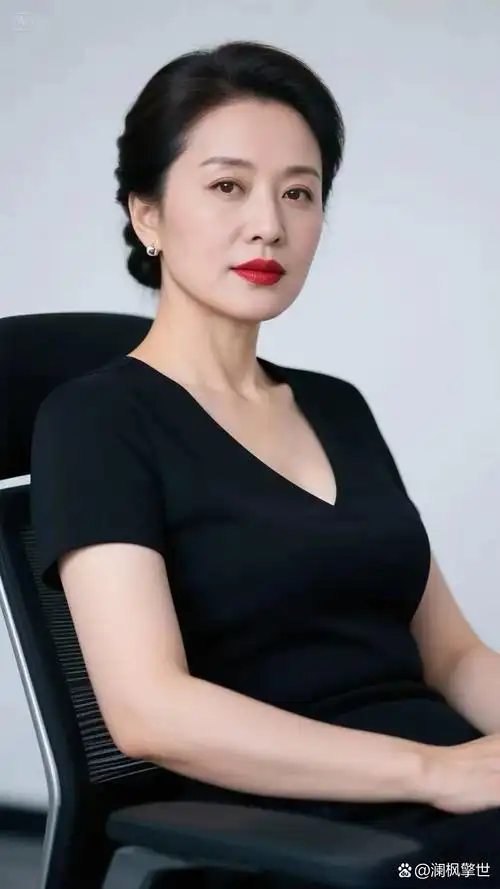 身着简约黑裙,利落盘发衬出气场,红唇轻点似藏故事