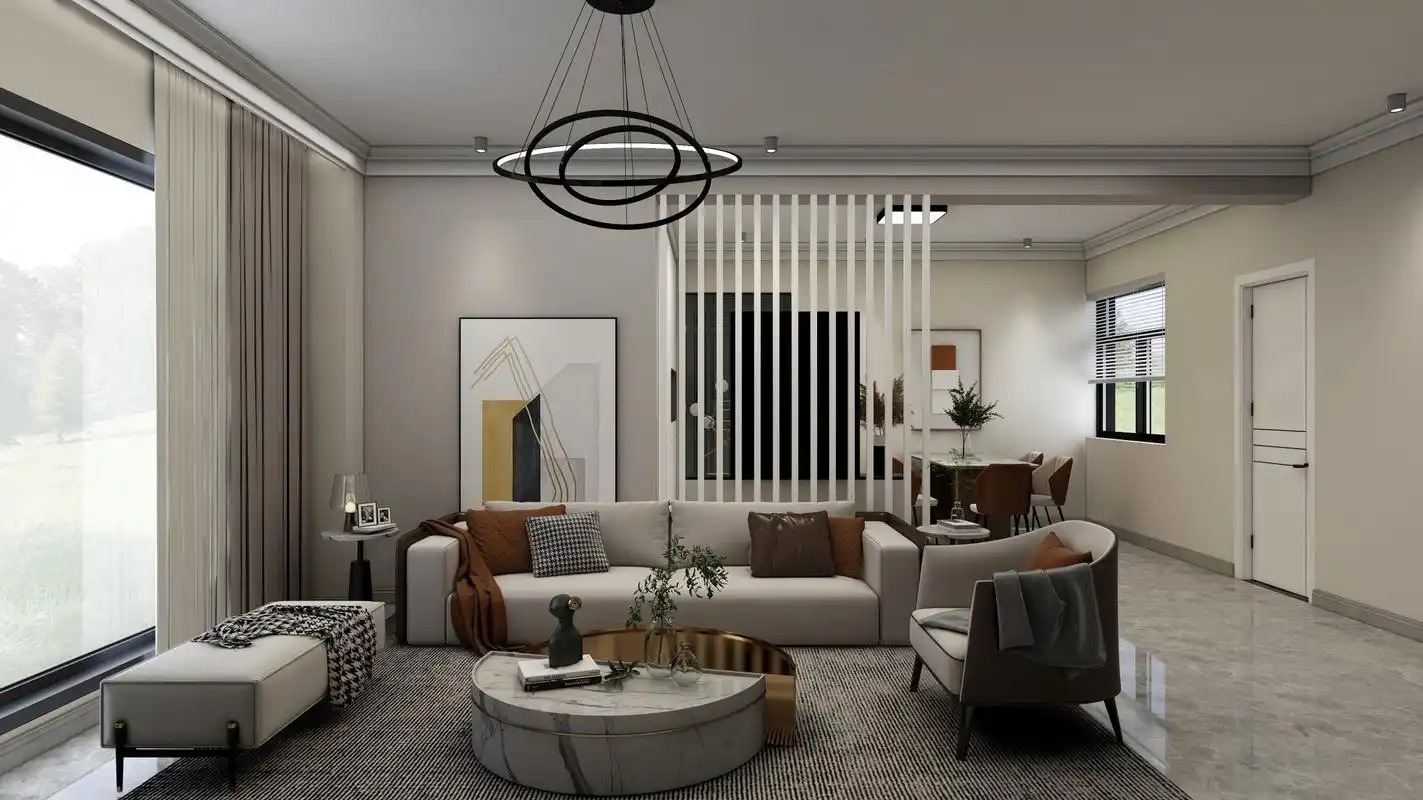 110㎡ 现代简约 客厅墙面使用了奶咖色的设计,使得整个空间看起来更加