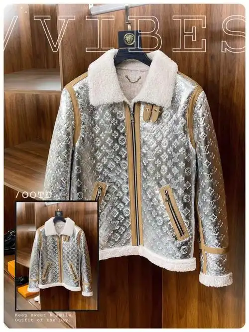 lv毛皮一体压花银色涂层皮草皮衣